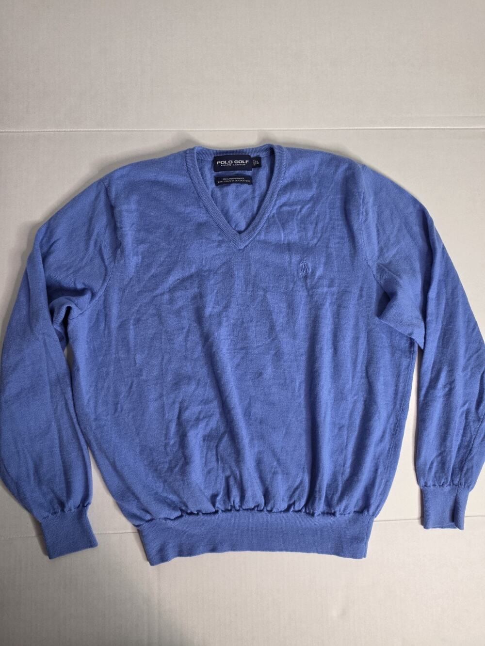 Polo Ralph Lauren Golf Sweater Mens SZ L V-Neck Merino Wool Preppy Pony Blue